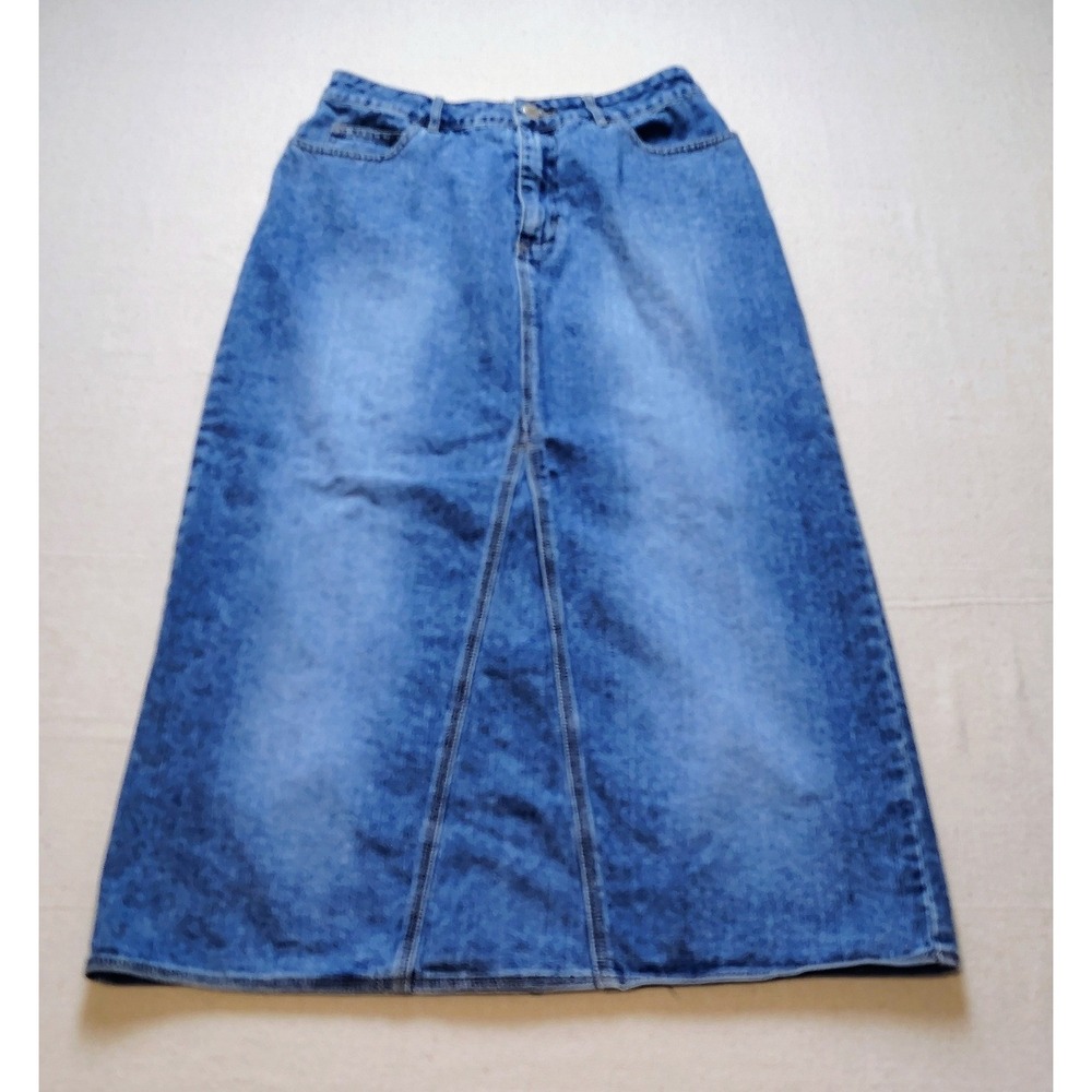 St Johns Bay Womens Denim Maxi Skirt Size 8 Blue Cotton Long A-Line Slit Jean 22